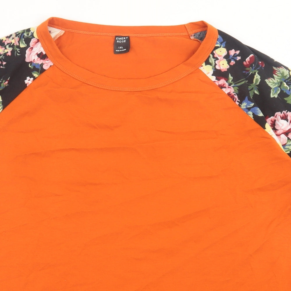 Emery Rose Womens Orange Floral Cotton Basic T-Shirt Size XL Crew Neck