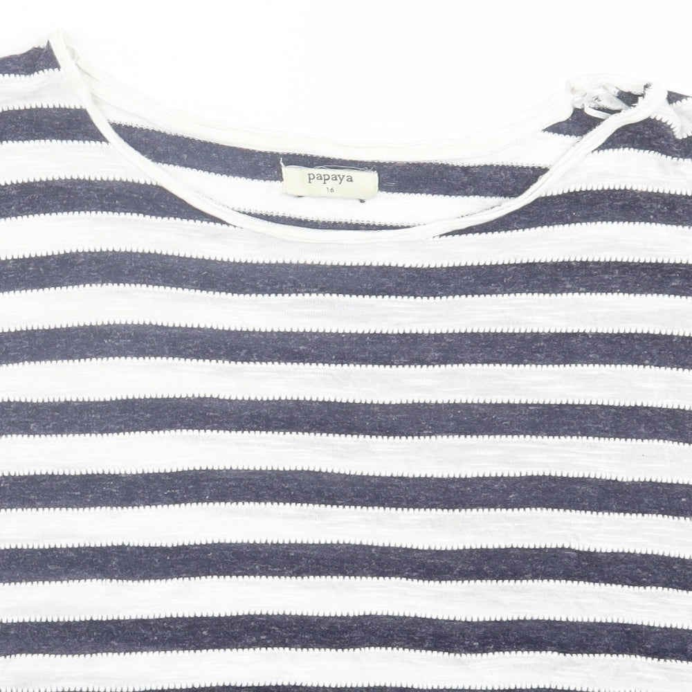 Papaya Womens White Striped Viscose Basic T-Shirt Size 16 Boat Neck