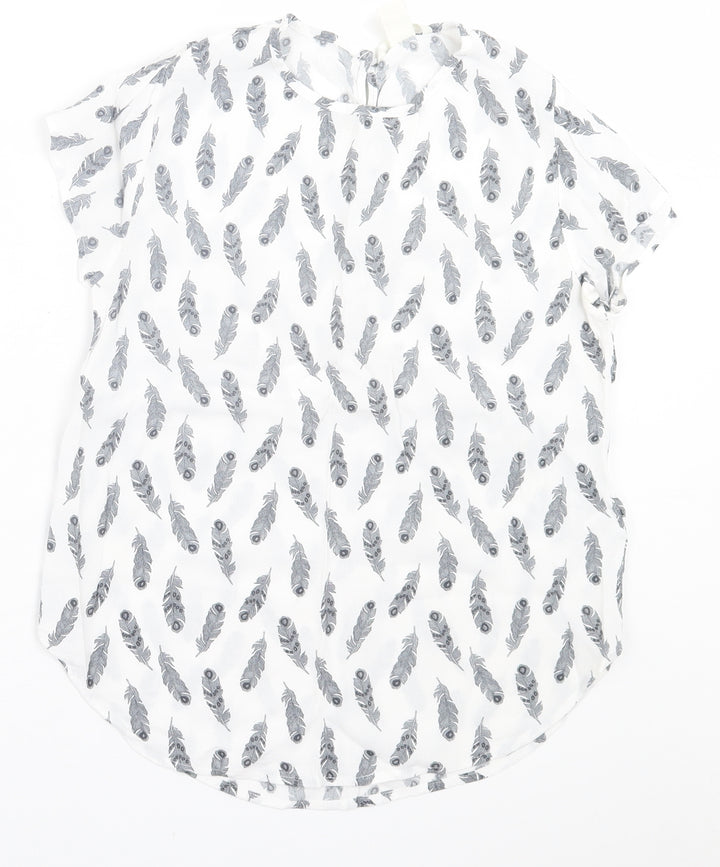 H&M Womens White Geometric Viscose Basic T-Shirt Size 6 Crew Neck