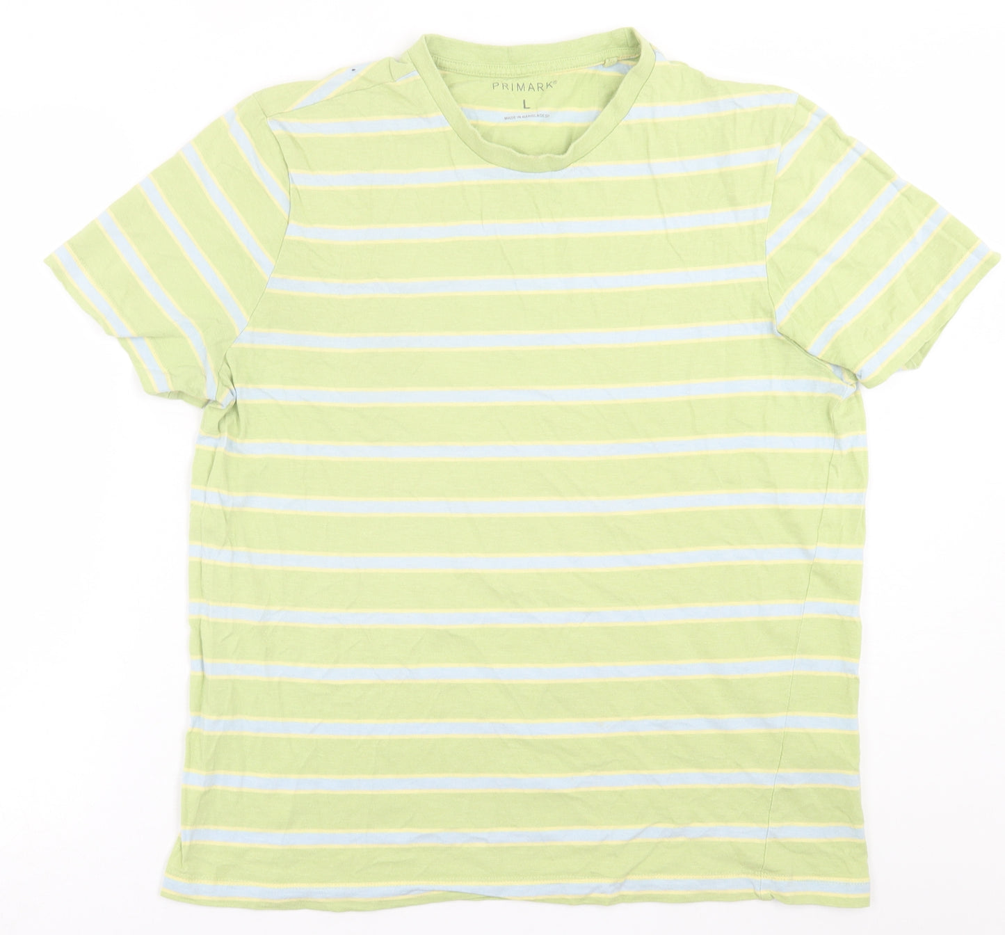 Primark Mens Green Striped Cotton  T-Shirt Size L Crew Neck