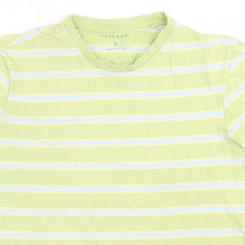 Primark Mens Green Striped Cotton  T-Shirt Size L Crew Neck