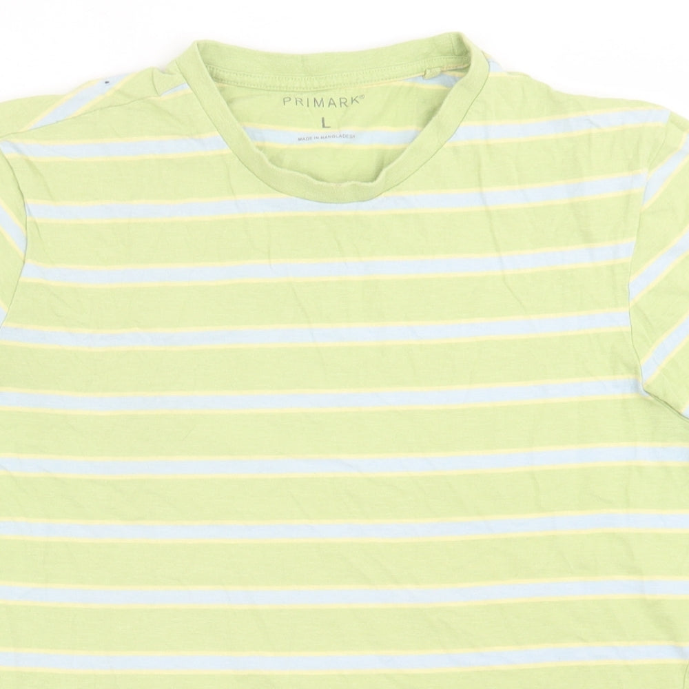 Primark Mens Green Striped Cotton  T-Shirt Size L Crew Neck