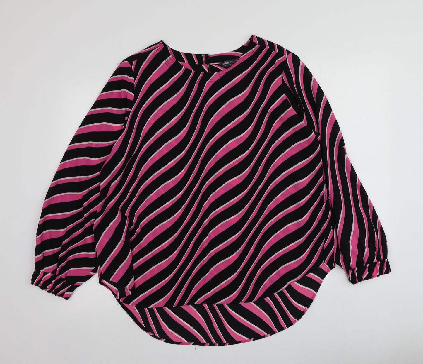 M&S Womens Black Striped Polyester Basic Blouse Size 18 Round Neck