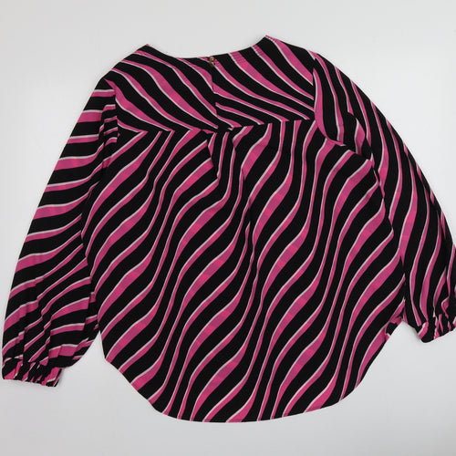 M&S Womens Black Striped Polyester Basic Blouse Size 18 Round Neck
