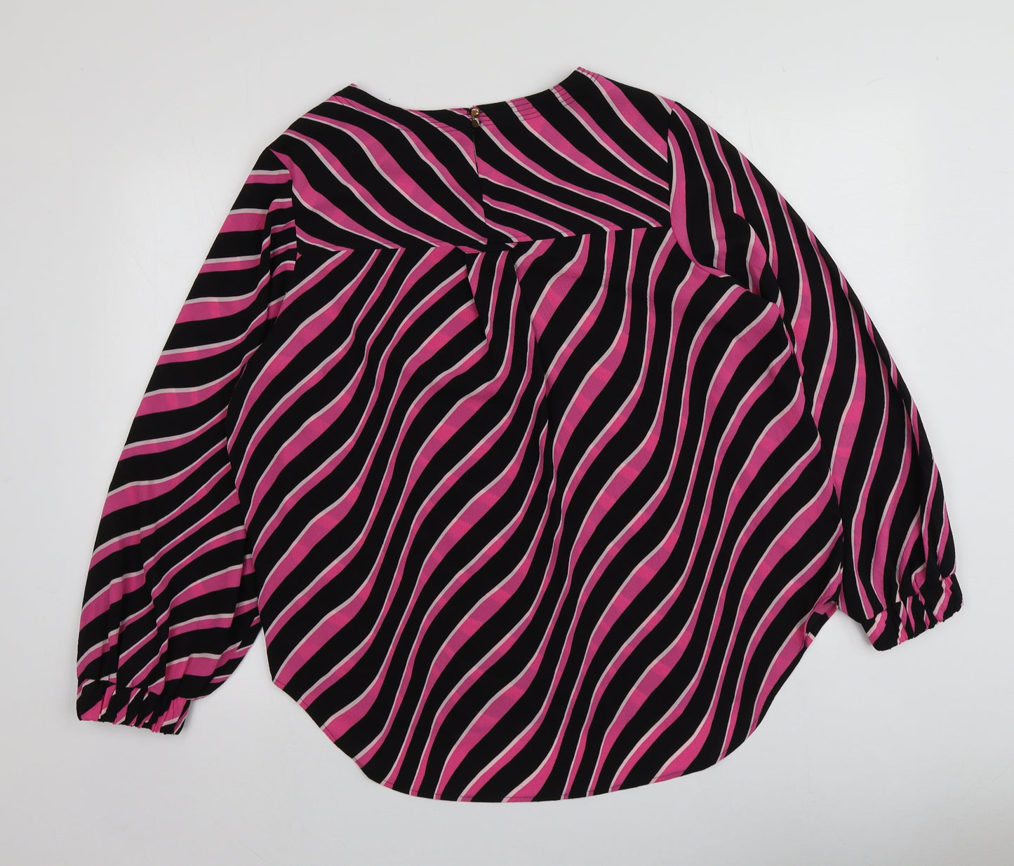M&S Womens Black Striped Polyester Basic Blouse Size 18 Round Neck