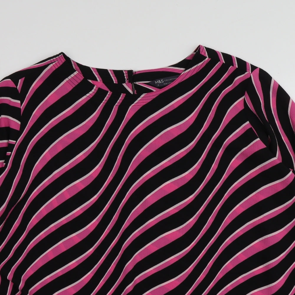 M&S Womens Black Striped Polyester Basic Blouse Size 18 Round Neck
