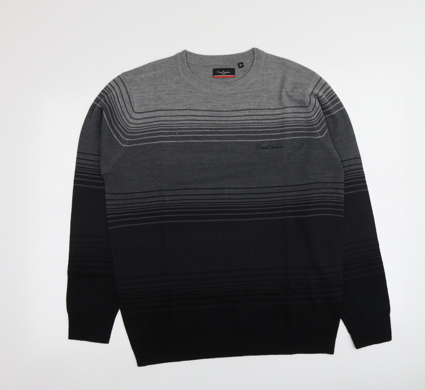 Piere Candin Mens Grey Round Neck Striped Acrylic Pullover Jumper Size M