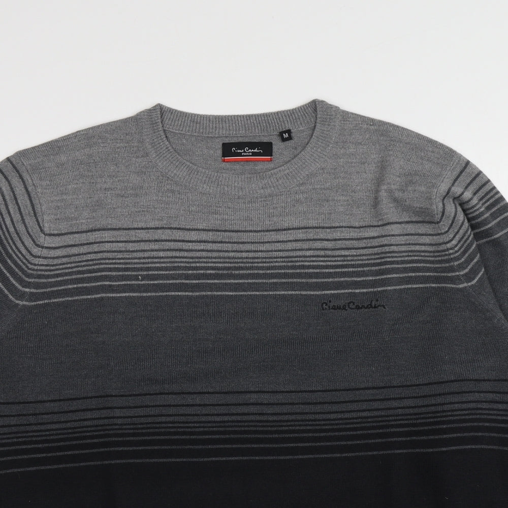 Piere Candin Mens Grey Round Neck Striped Acrylic Pullover Jumper Size M