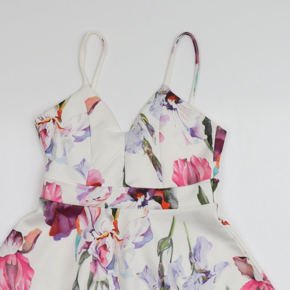 Lipsy  Womens White Floral Polyester Mini  Size 12  V-Neck