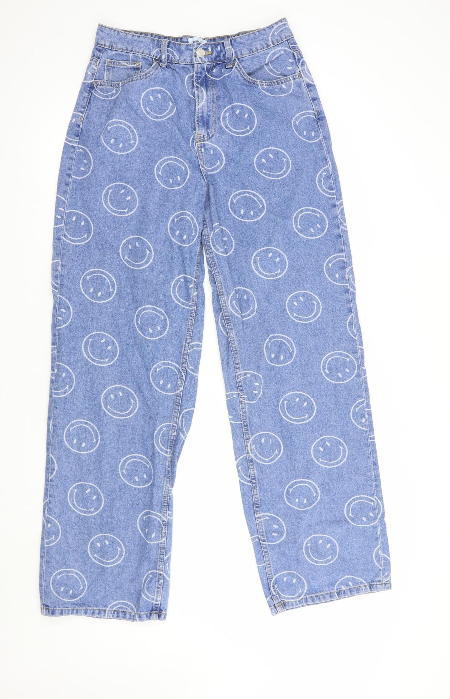H&M Womens Blue Geometric Cotton Wide-Leg Jeans Size 10 L31 in Regular Button - Smiley