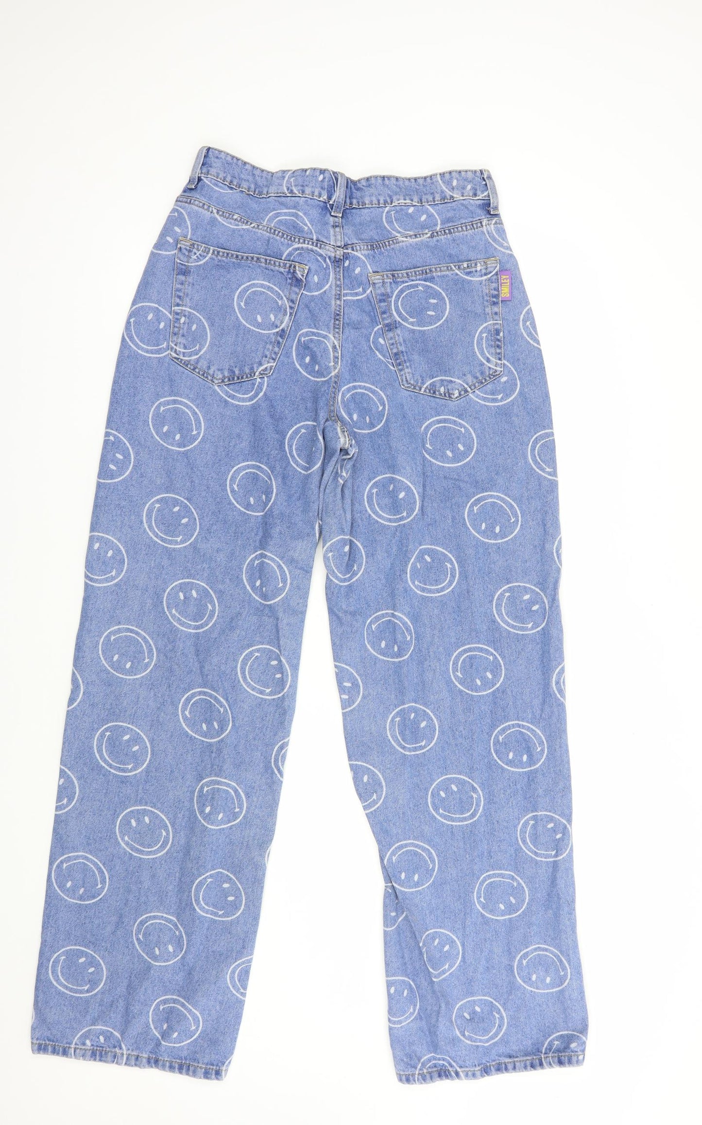 H&M Womens Blue Geometric Cotton Wide-Leg Jeans Size 10 L31 in Regular Button - Smiley