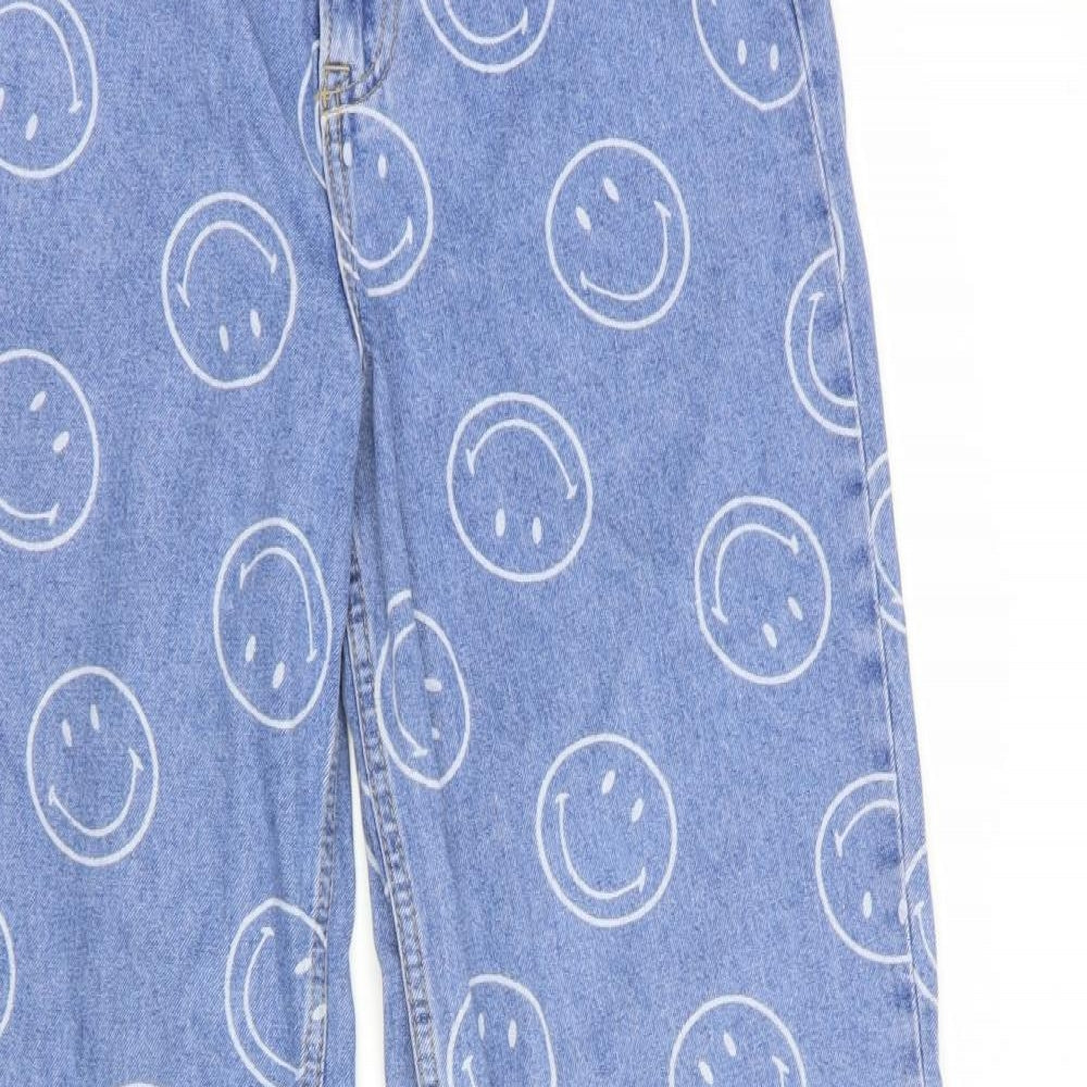H&M Womens Blue Geometric Cotton Wide-Leg Jeans Size 10 L31 in Regular Button - Smiley