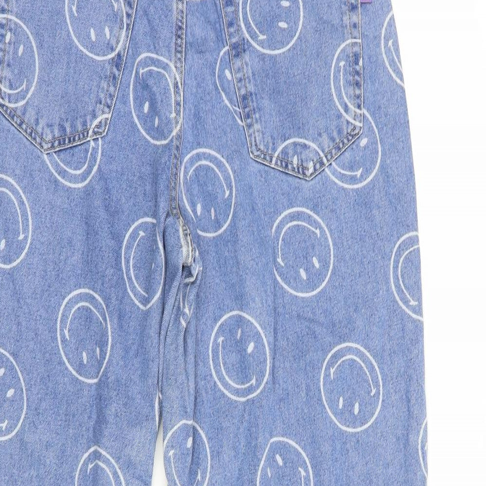 H&M Womens Blue Geometric Cotton Wide-Leg Jeans Size 10 L31 in Regular Button - Smiley