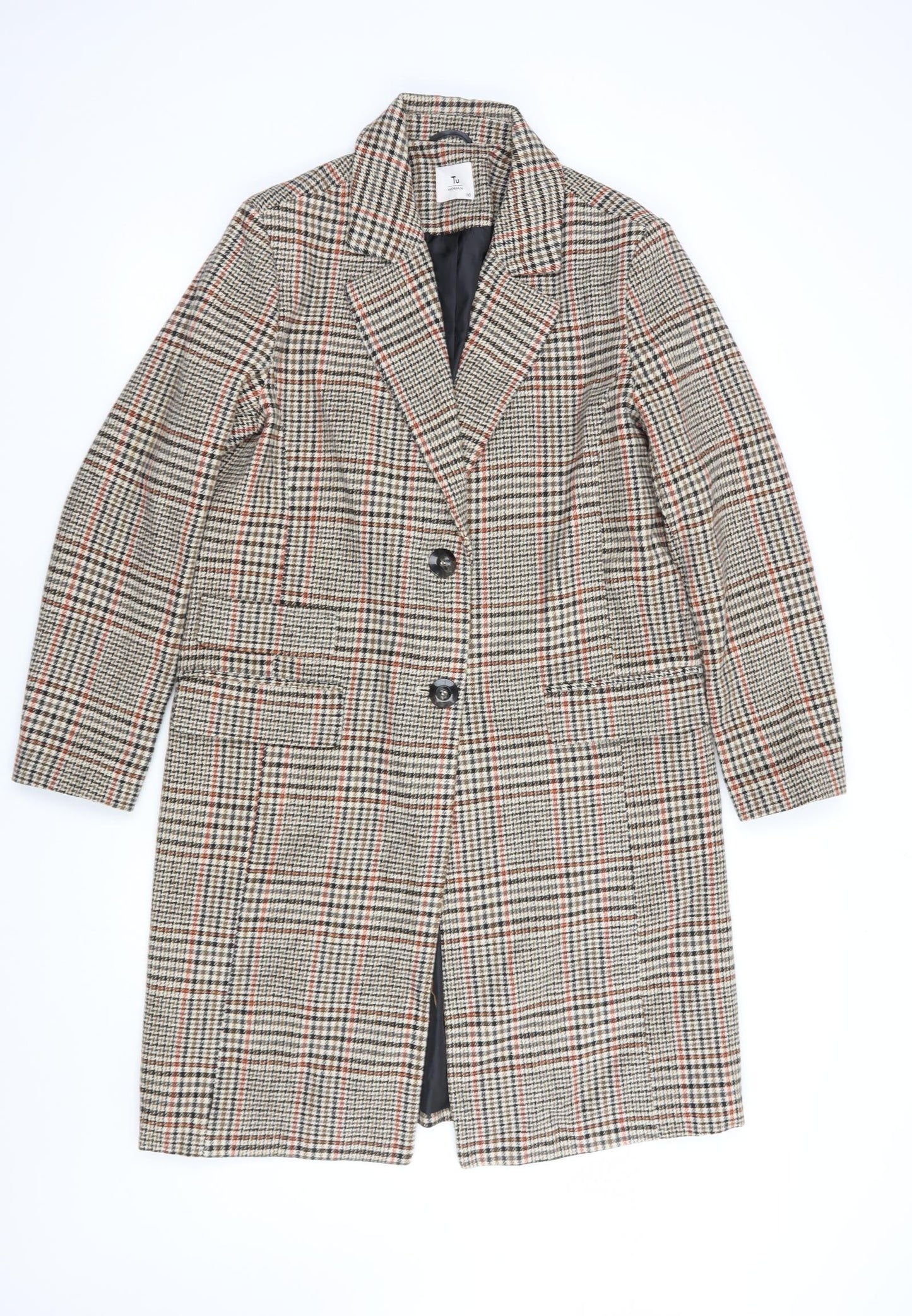 TU Womens Beige Plaid  Pea Coat Coat Size 10  Button
