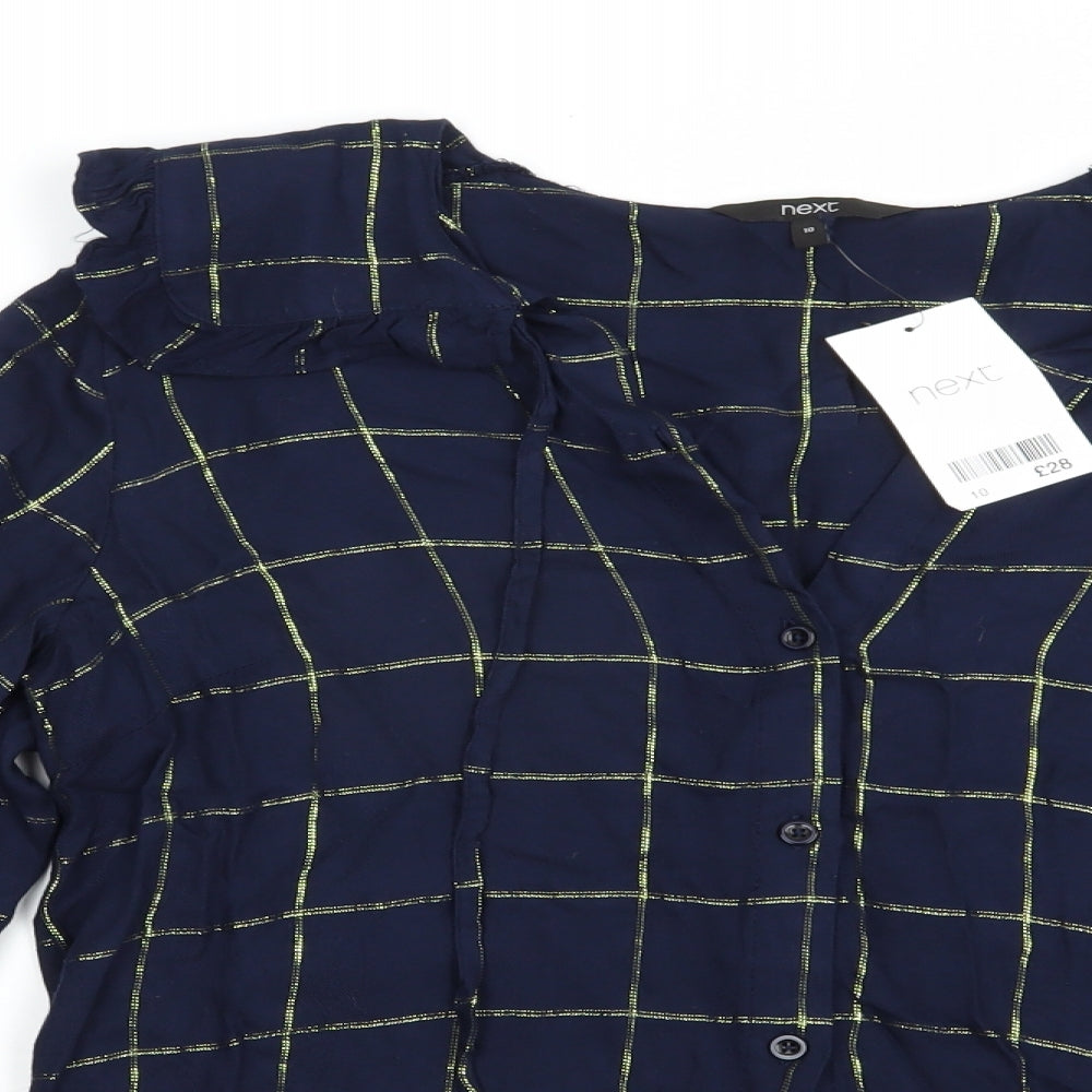 NEXT Womens Blue Check Viscose Basic Button-Up Size 10 Collared
