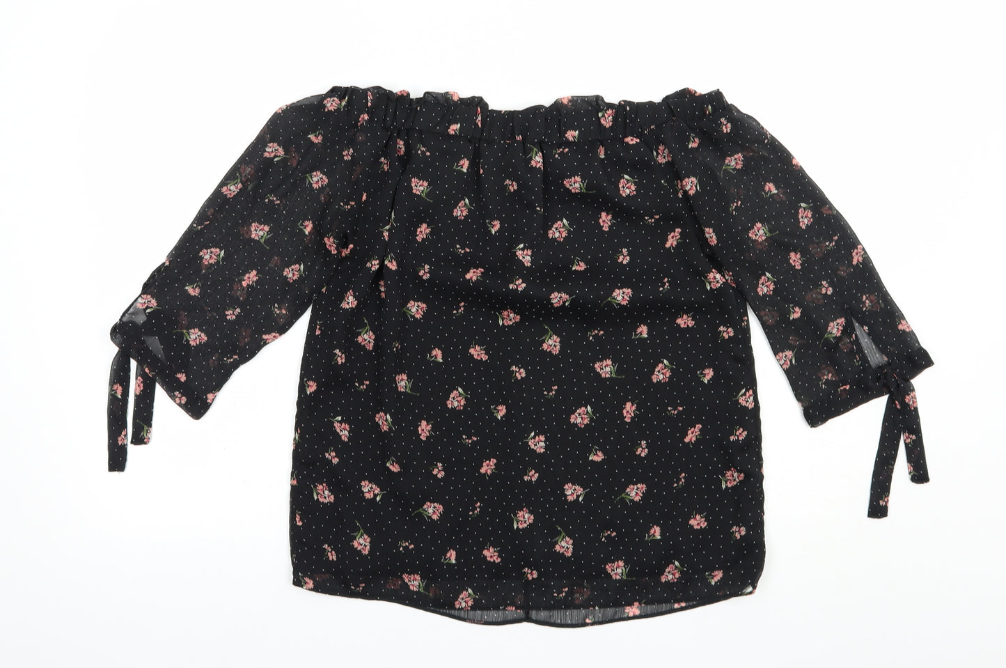 F&F Womens Black Floral Polyester Basic Blouse Size 8 Off the Shoulder