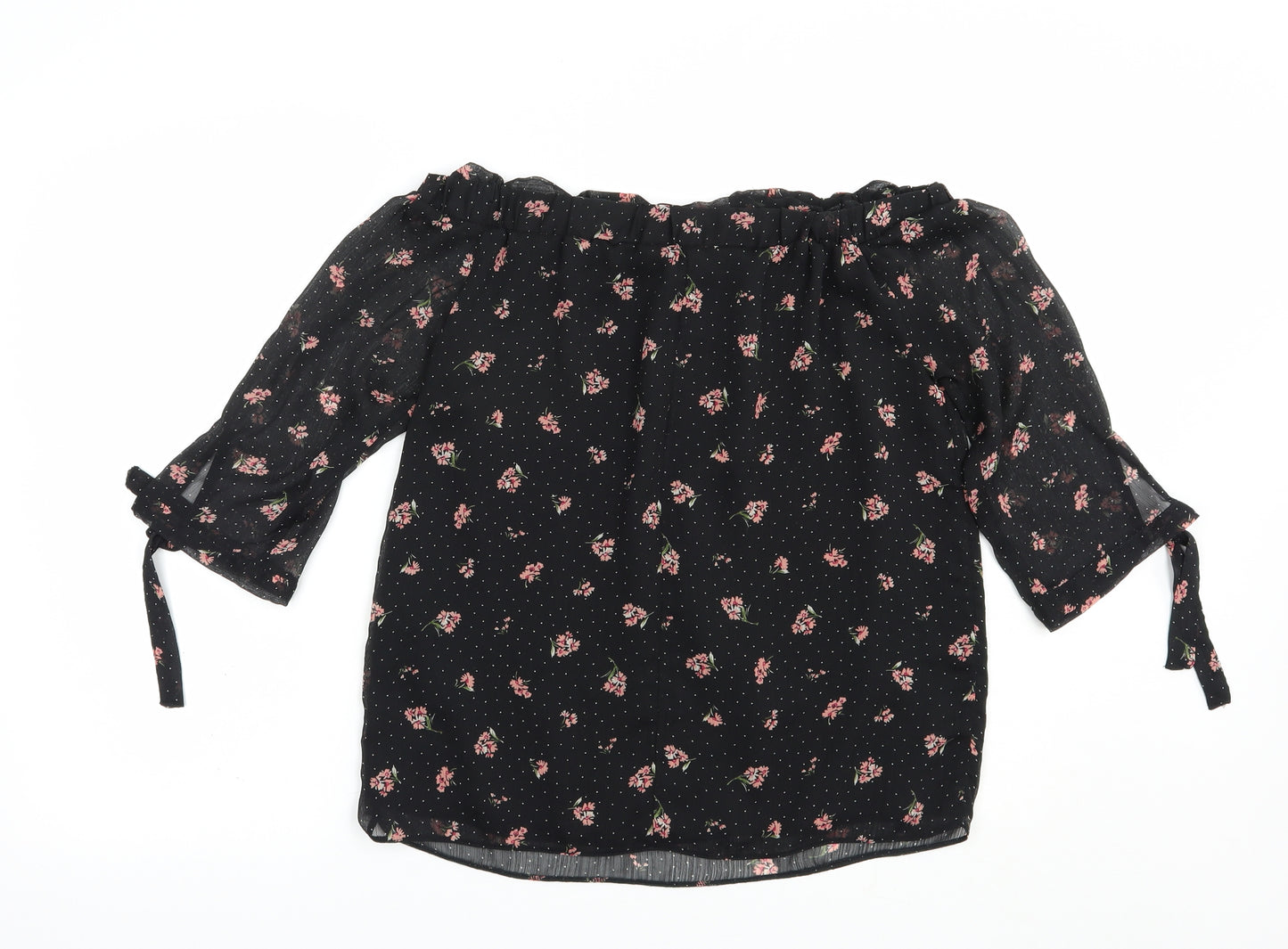 F&F Womens Black Floral Polyester Basic Blouse Size 8 Off the Shoulder