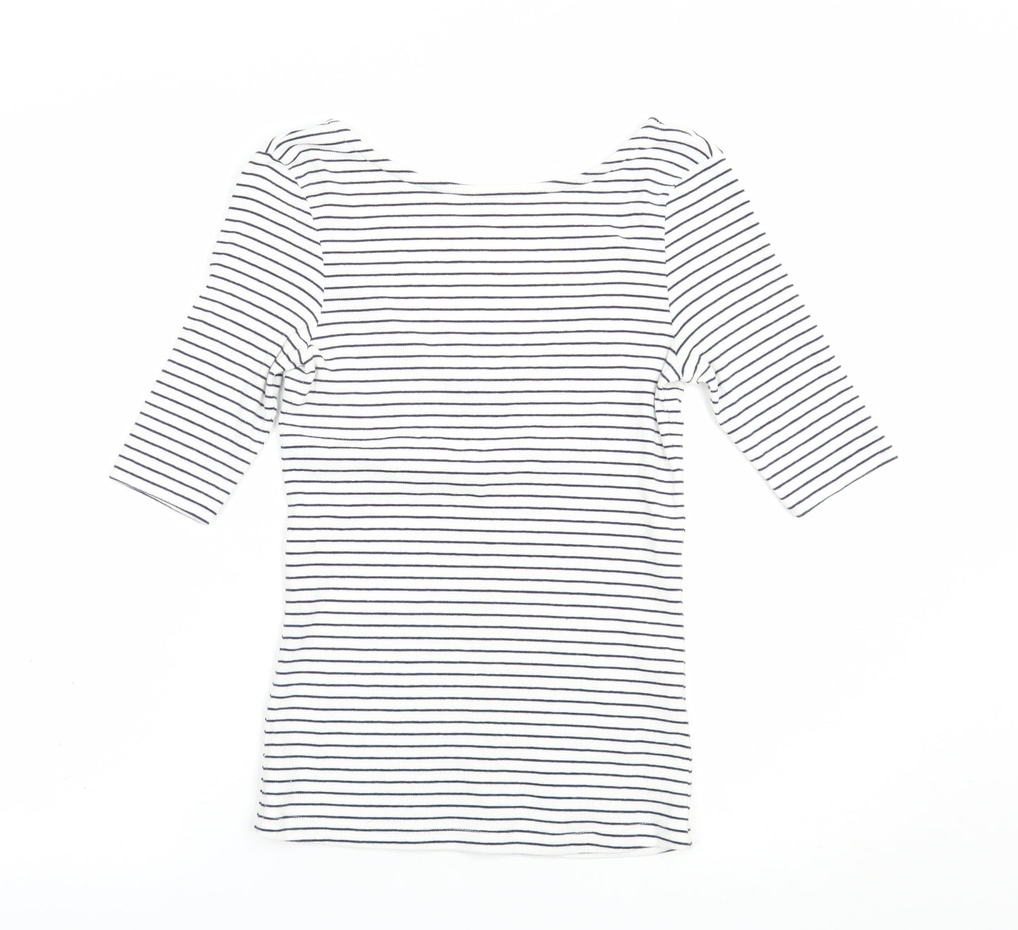 F&F Womens White Striped Cotton Basic T-Shirt Size 8 Scoop Neck