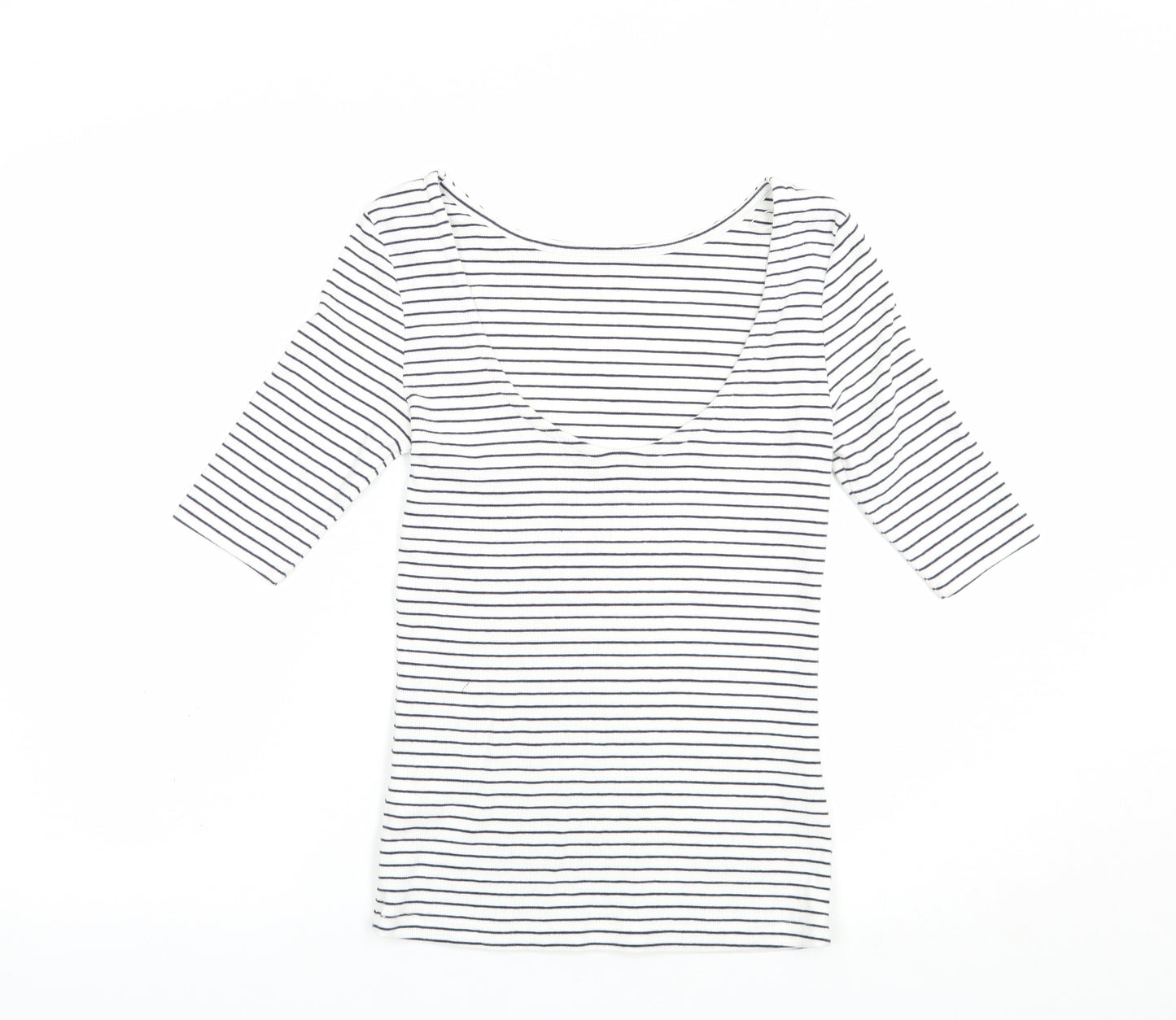 F&F Womens White Striped Cotton Basic T-Shirt Size 8 Scoop Neck