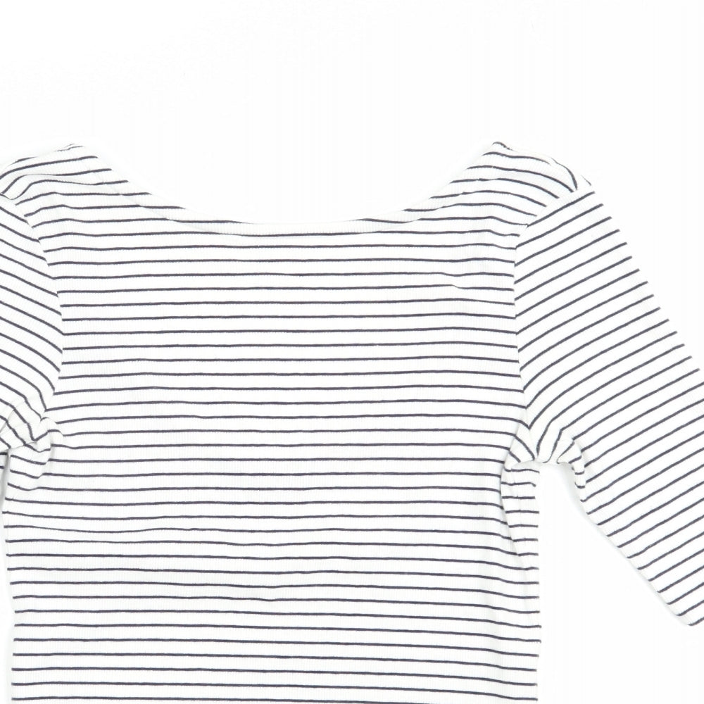 F&F Womens White Striped Cotton Basic T-Shirt Size 8 Scoop Neck