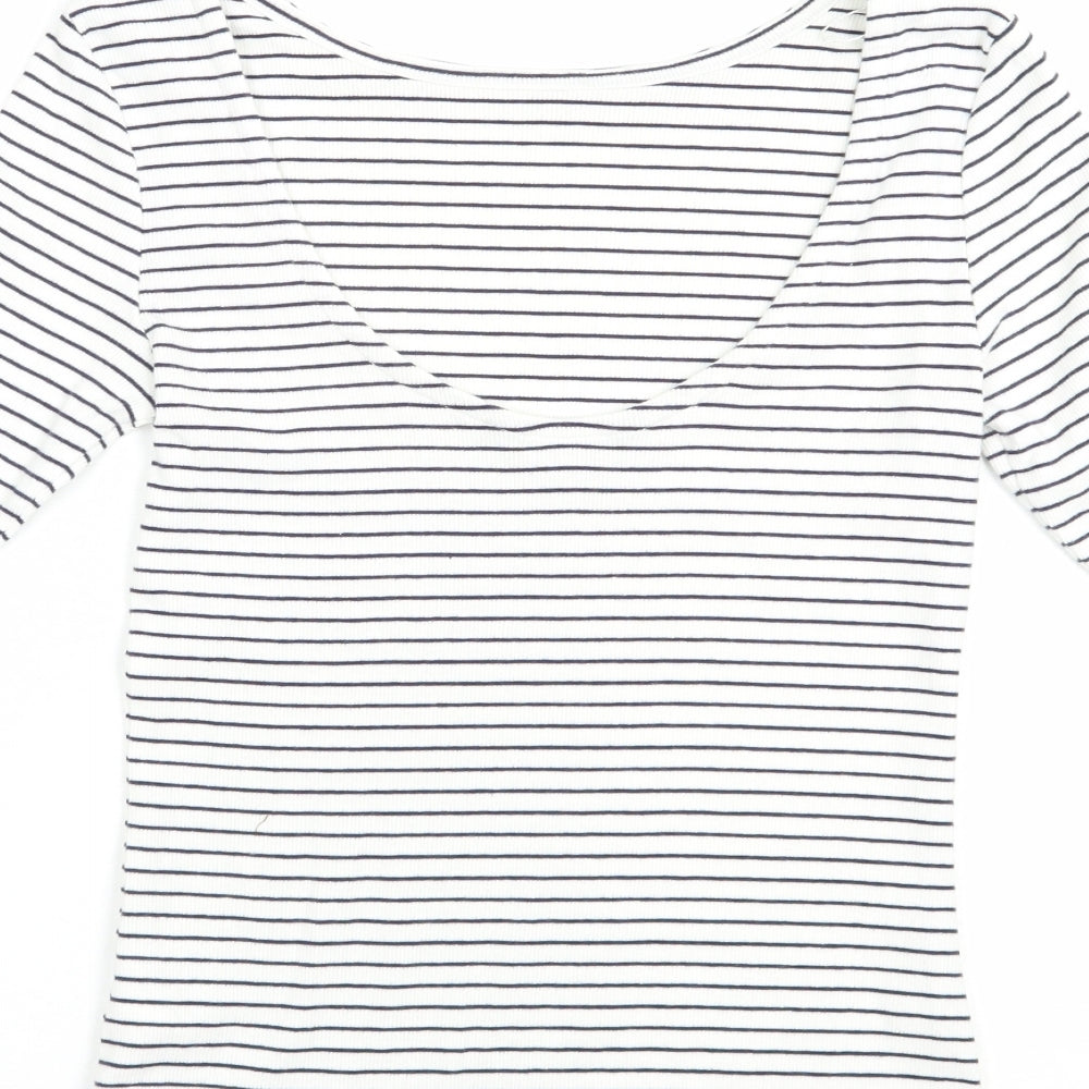 F&F Womens White Striped Cotton Basic T-Shirt Size 8 Scoop Neck