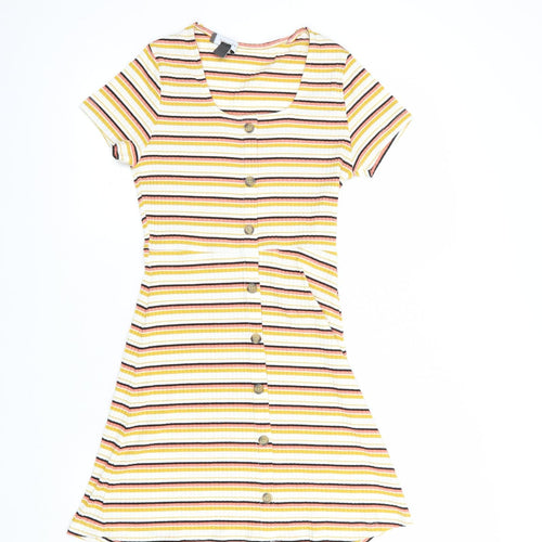 Primark Womens Yellow Striped Polyester Mini  Size 8  Scoop Neck Button