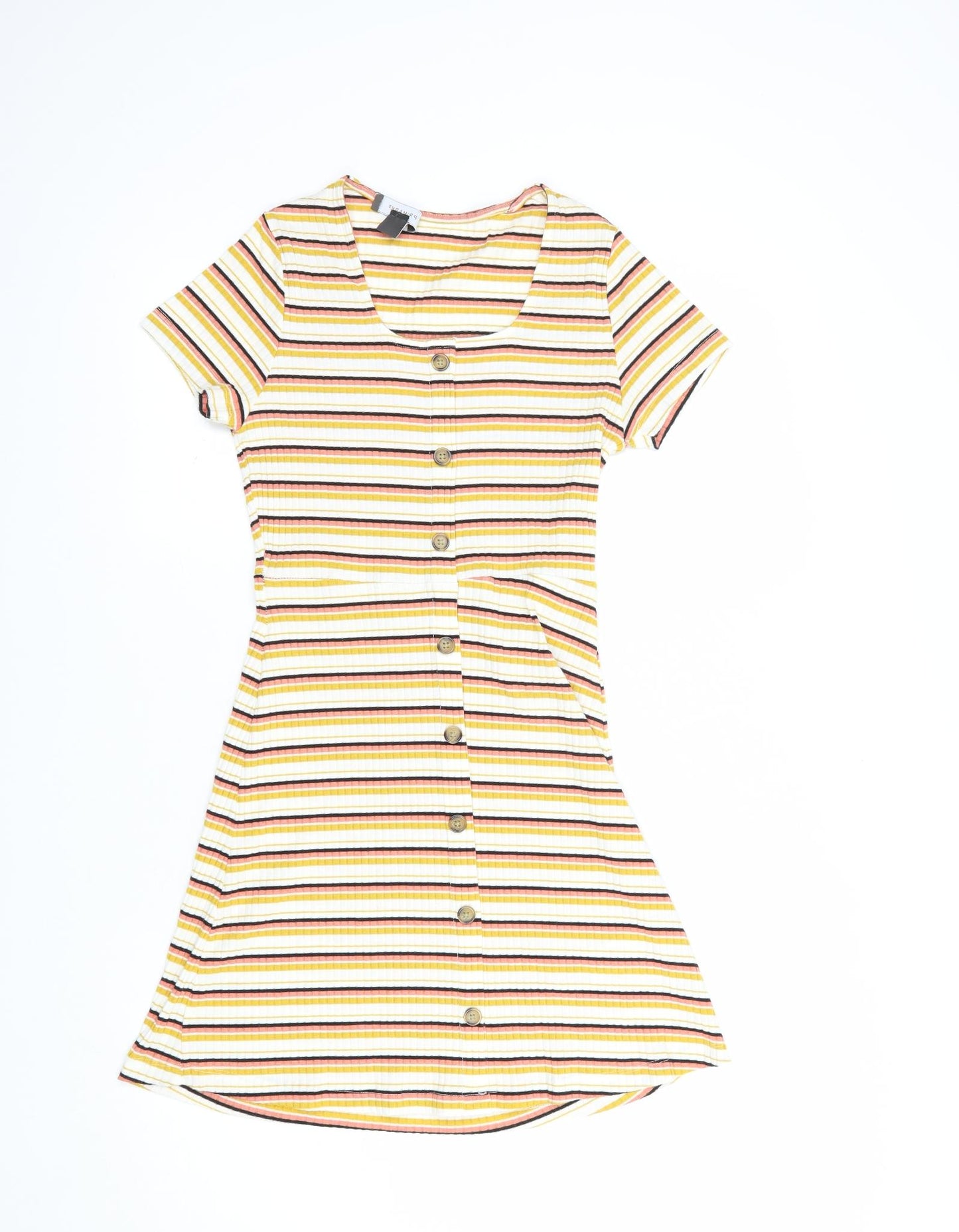 Primark Womens Yellow Striped Polyester Mini  Size 8  Scoop Neck Button