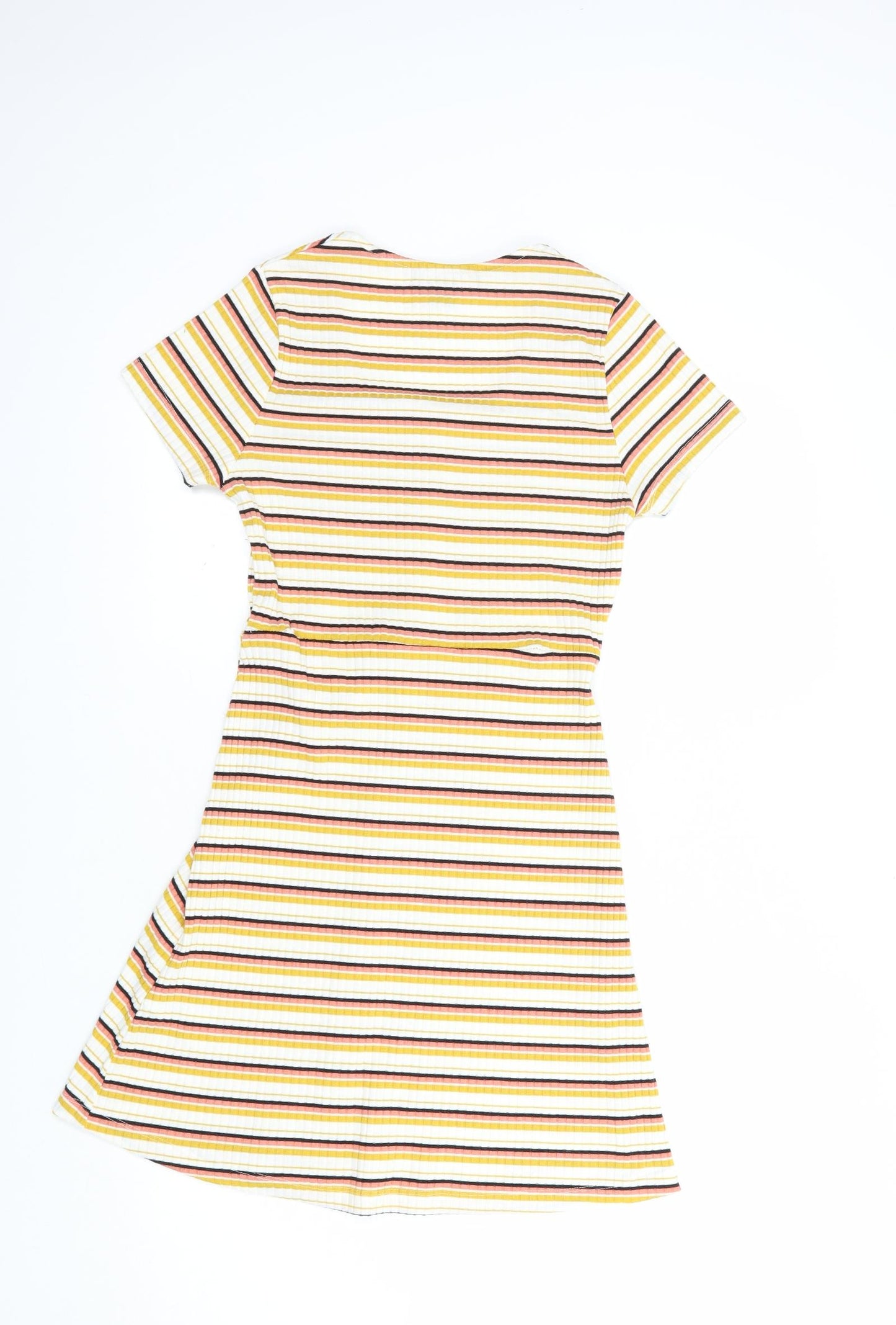 Primark Womens Yellow Striped Polyester Mini  Size 8  Scoop Neck Button