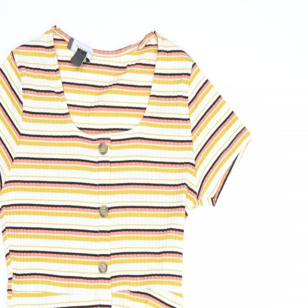 Primark Womens Yellow Striped Polyester Mini  Size 8  Scoop Neck Button