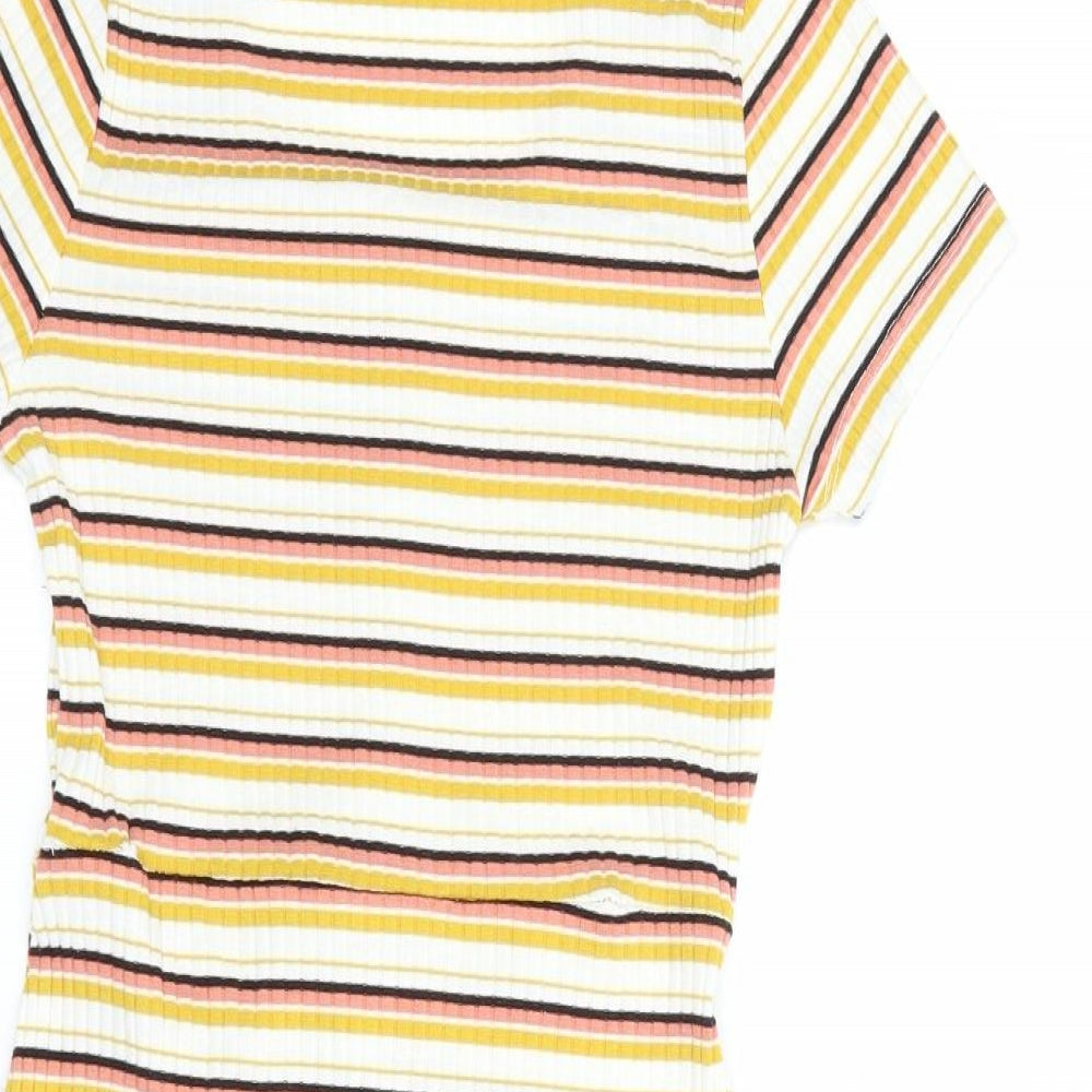 Primark Womens Yellow Striped Polyester Mini  Size 8  Scoop Neck Button
