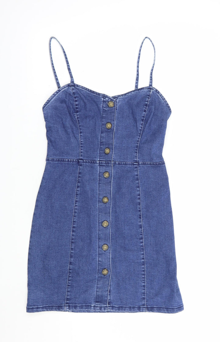 Denim Co. Womens Blue Cotton Pinafore/Dungaree Dress Size 8 Sweetheart Button