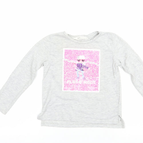 H&M Girls Grey  Polyester Basic T-Shirt Size 4-5 Years Crew Neck Pullover - Floss Mode