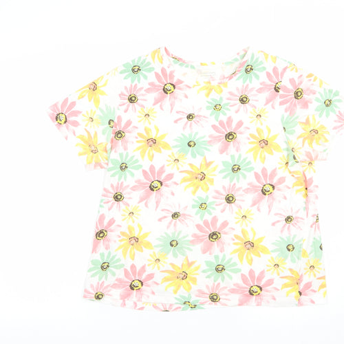 Dunnes Stores Womens White Floral Cotton Basic T-Shirt Size M Crew Neck