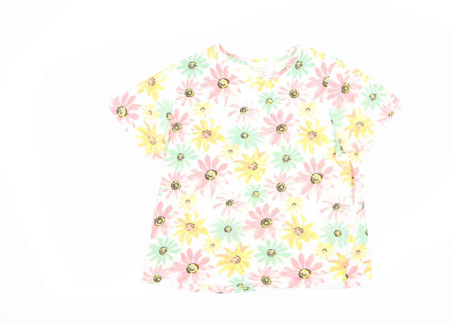 Dunnes Stores Womens White Floral Cotton Basic T-Shirt Size M Crew Neck