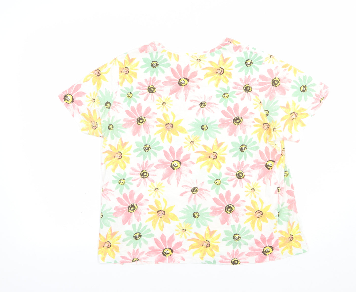 Dunnes Stores Womens White Floral Cotton Basic T-Shirt Size M Crew Neck