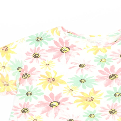 Dunnes Stores Womens White Floral Cotton Basic T-Shirt Size M Crew Neck