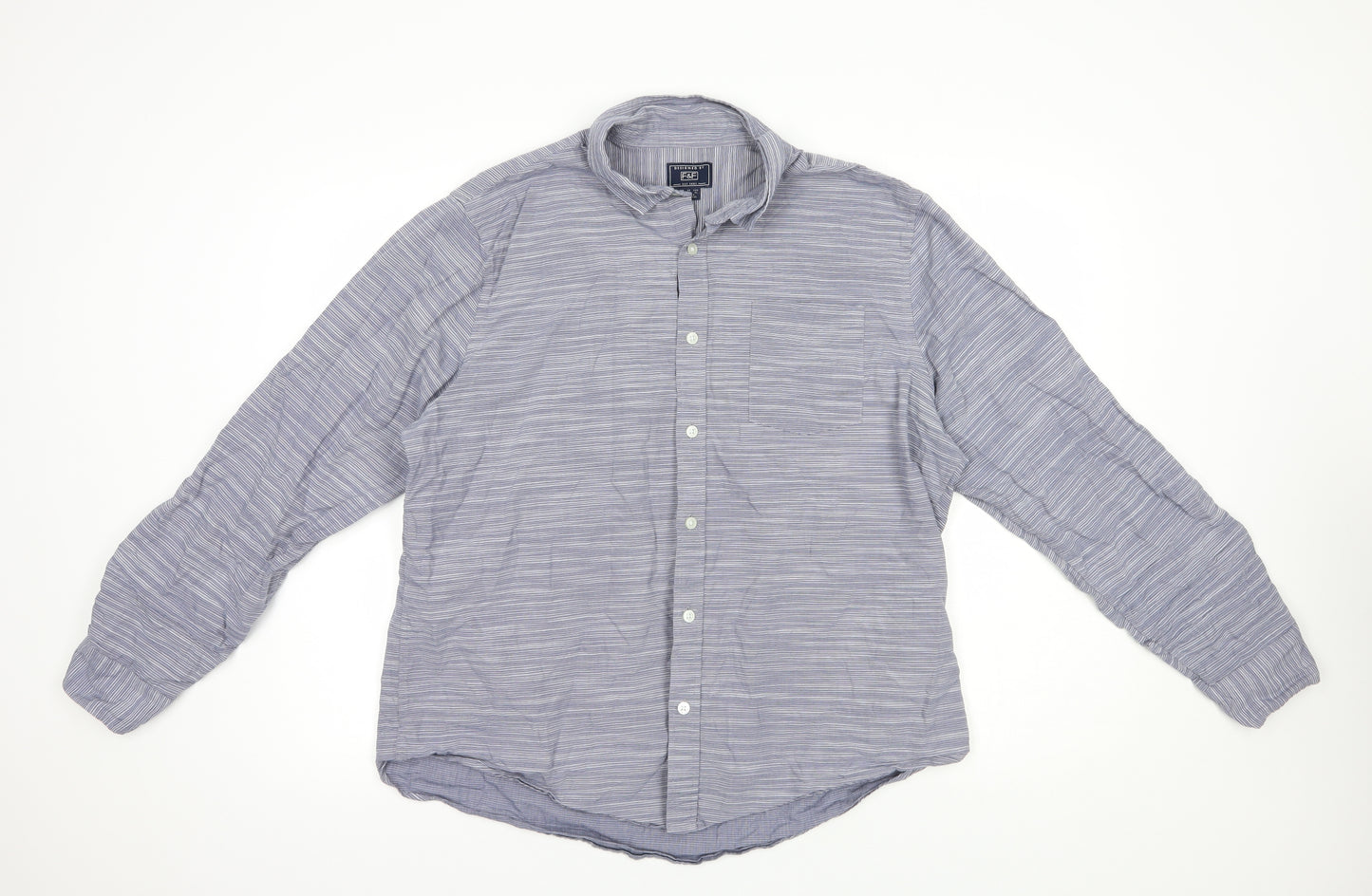 F&F Mens Blue Striped Cotton  Button-Up Size XL Collared Button
