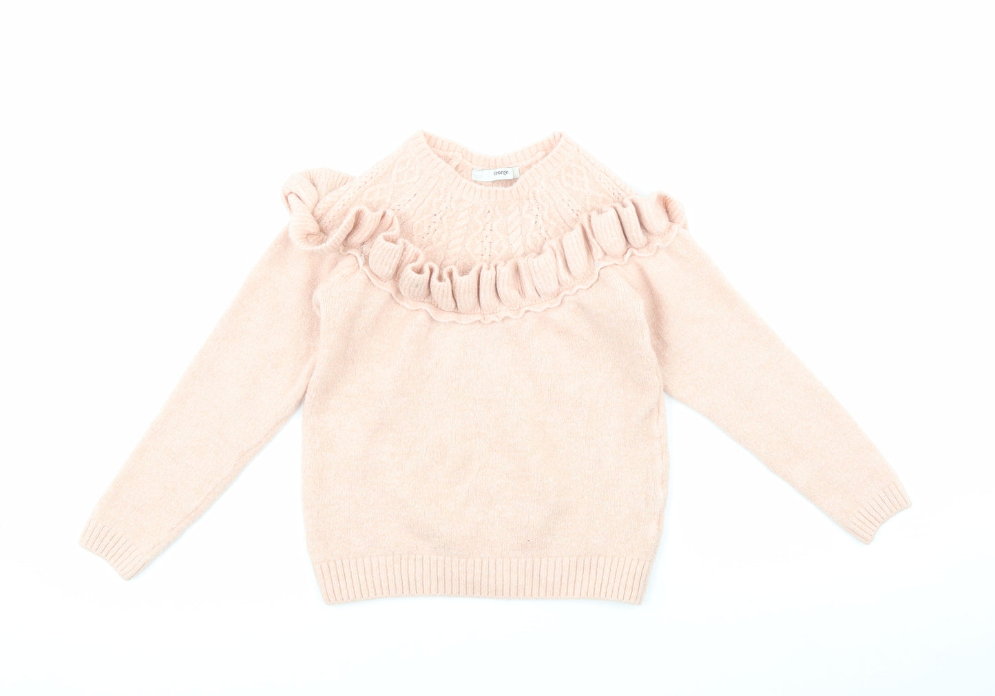 George Girls Pink Crew Neck Houndstooth Acrylic Henley Jumper Size 10-11 Years