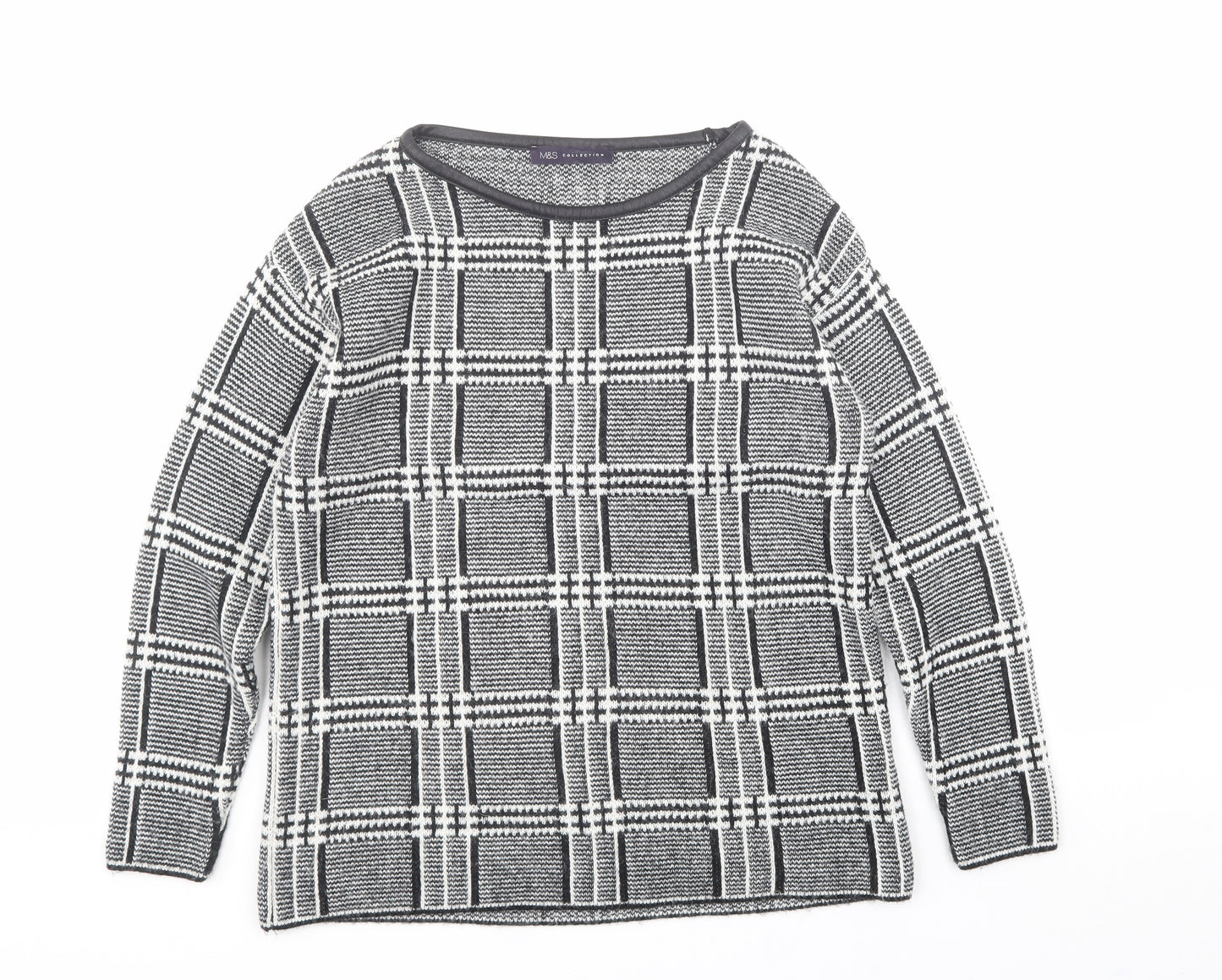 Marks and Spencer Womens Black Crew Neck Plaid Acrylic Pullover Jumper Size 10