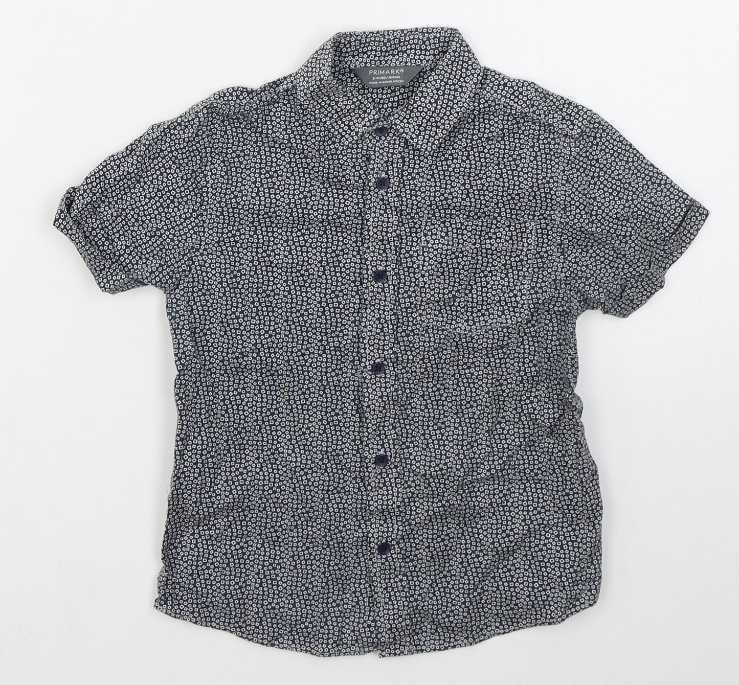 Primark Boys Blue Geometric Cotton Basic Button-Up Size 4-5 Years Collared Button