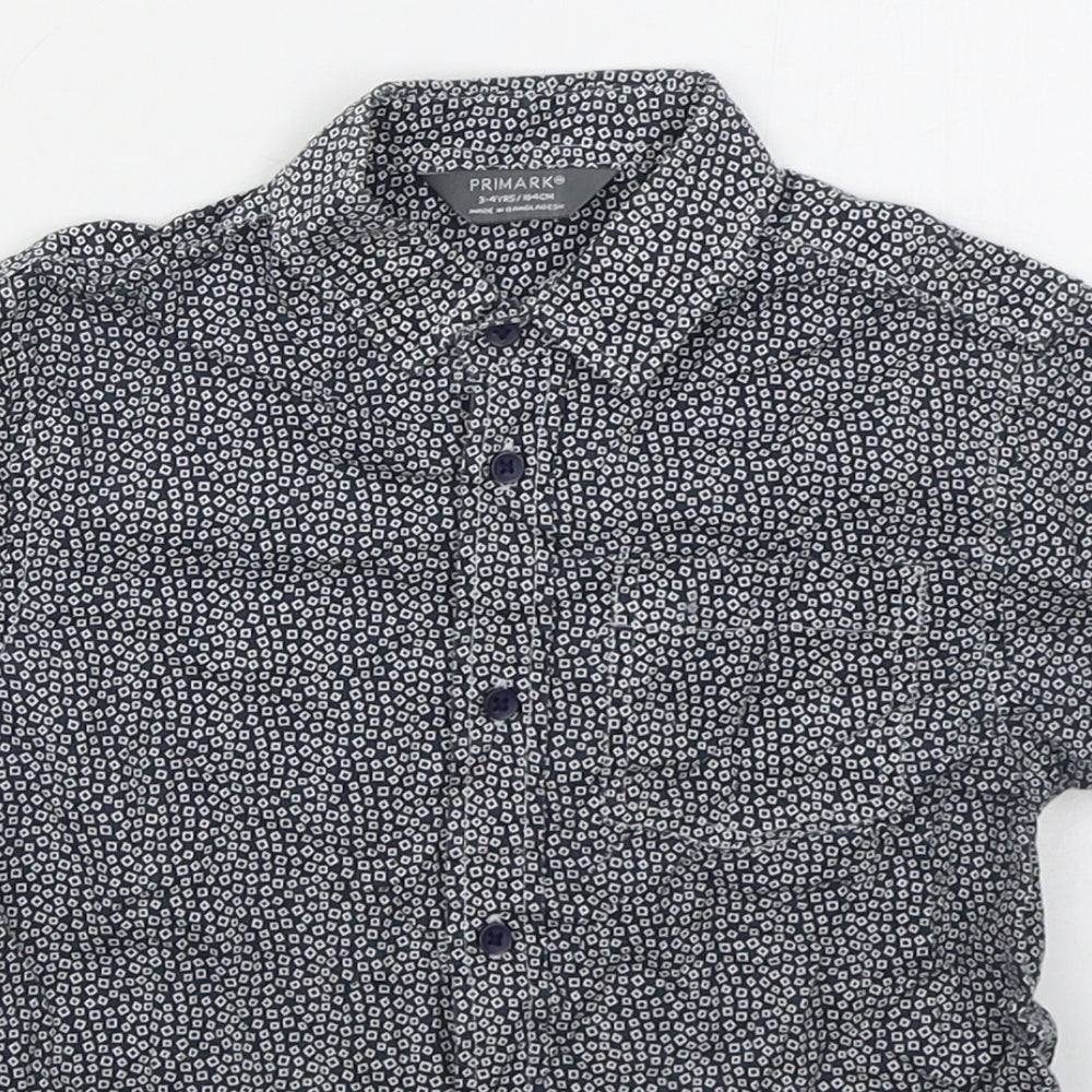 Primark Boys Blue Geometric Cotton Basic Button-Up Size 4-5 Years Collared Button