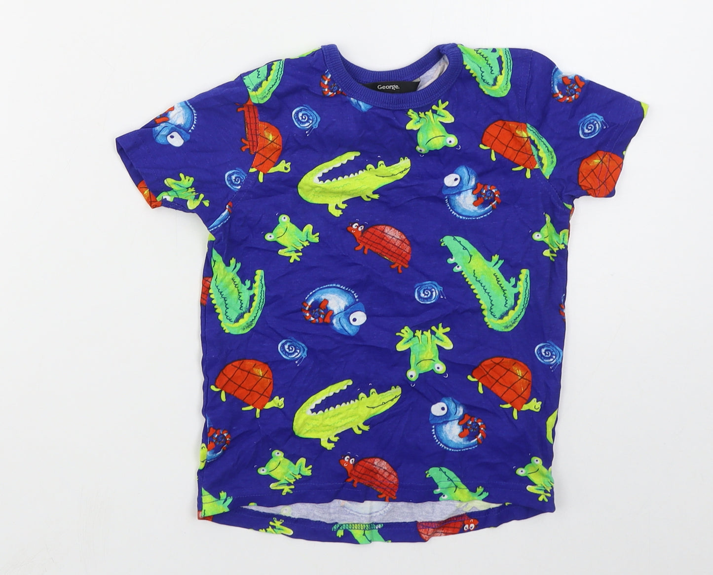 George Boys Blue  Cotton Basic T-Shirt Size 3-4 Years Crew Neck Pullover - Animals