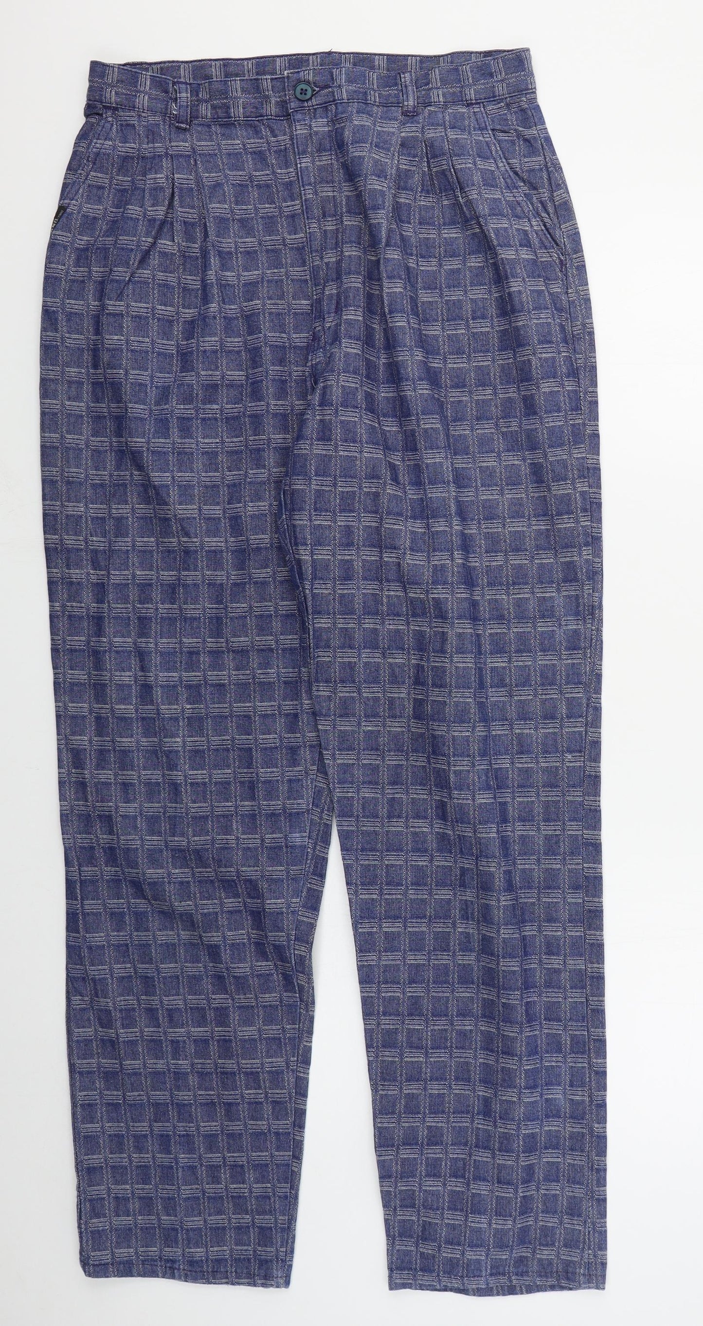 Preworn Womens Blue Check Cotton Trousers  Size 16 L30 in Regular Button
