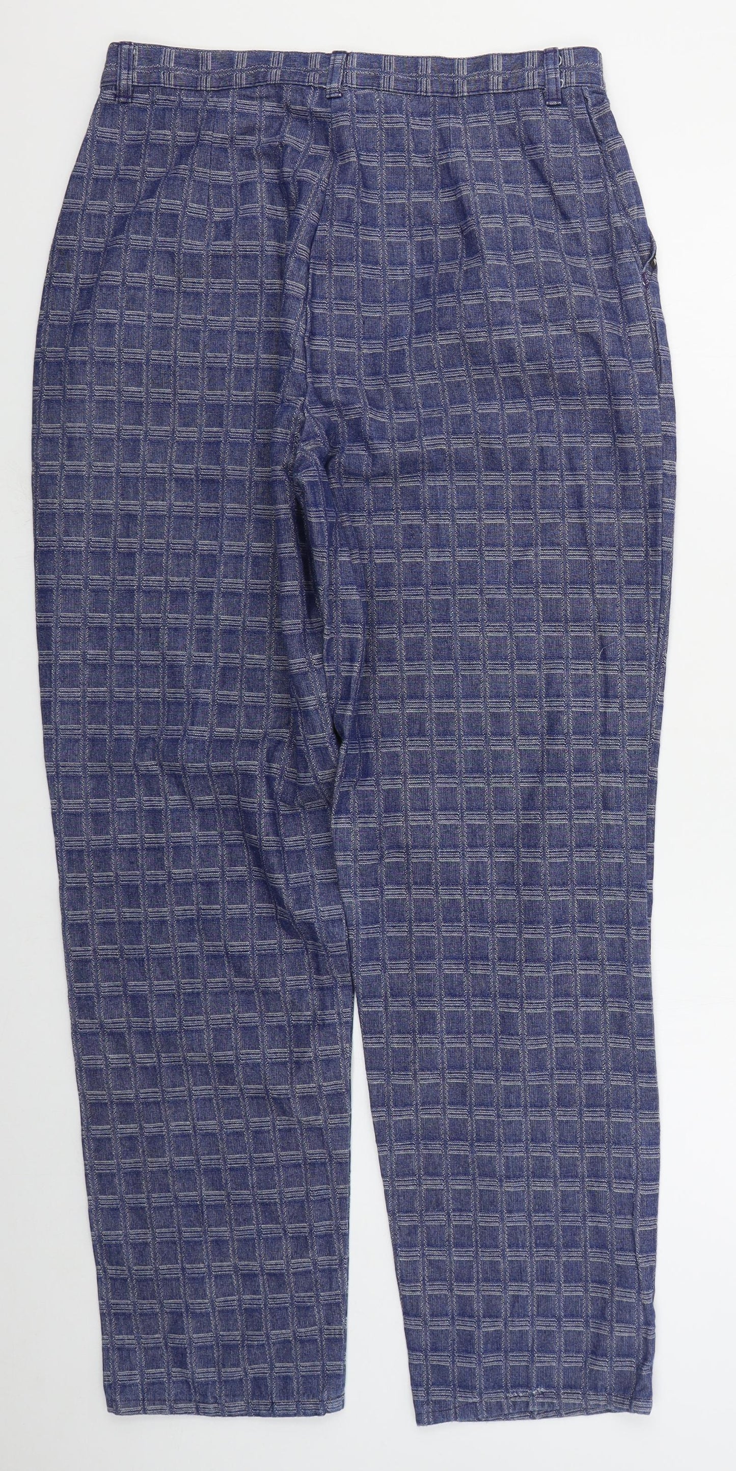 Preworn Womens Blue Check Cotton Trousers  Size 16 L30 in Regular Button