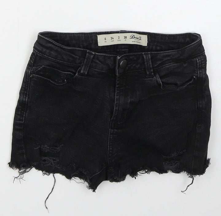 Denim Co Womens Black Cotton Hot Pants Shorts Size 6 Regular Button - Distressed Look