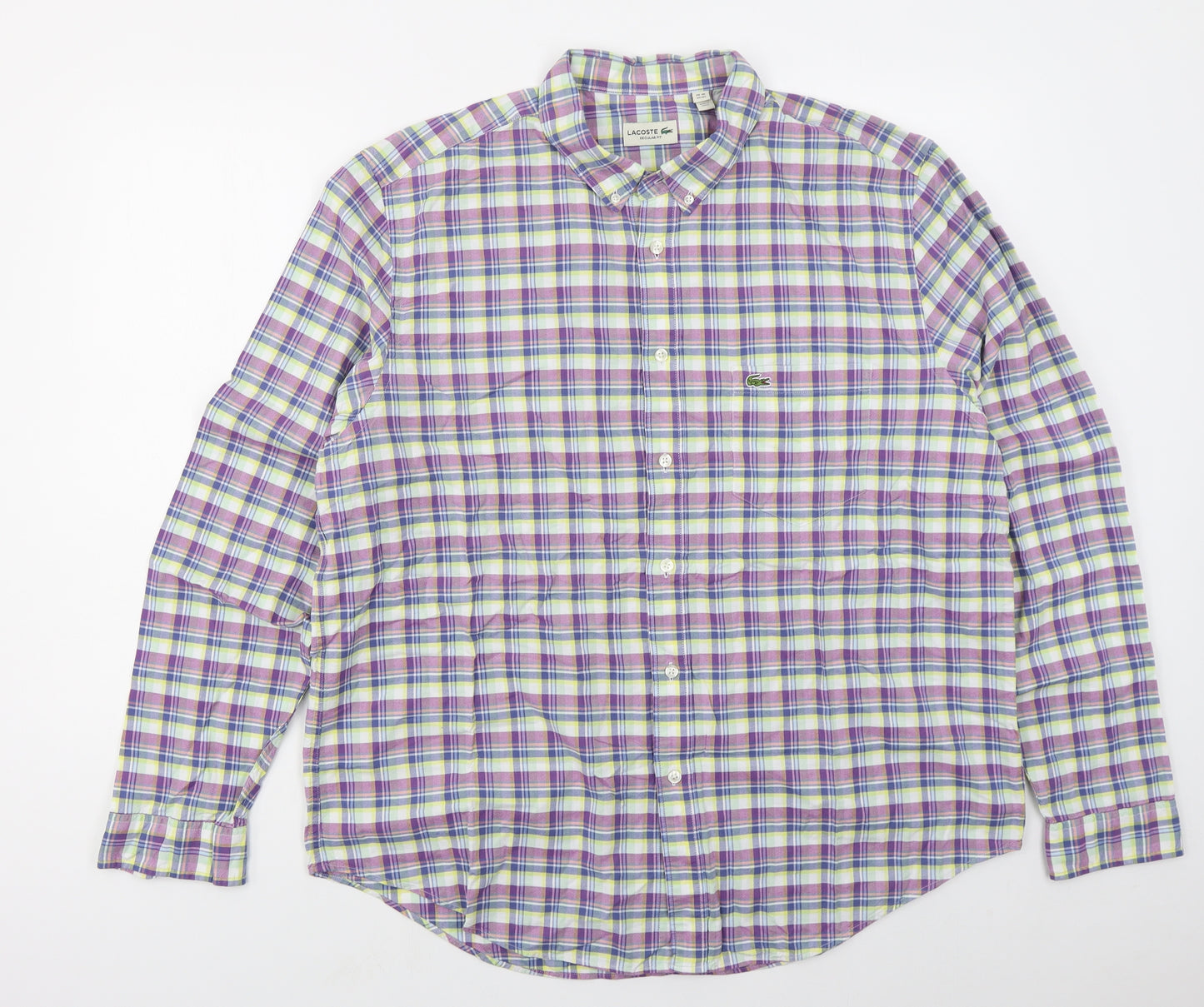 Lacoste Mens Purple Check Cotton  Button-Up Size 2XL Collared Button