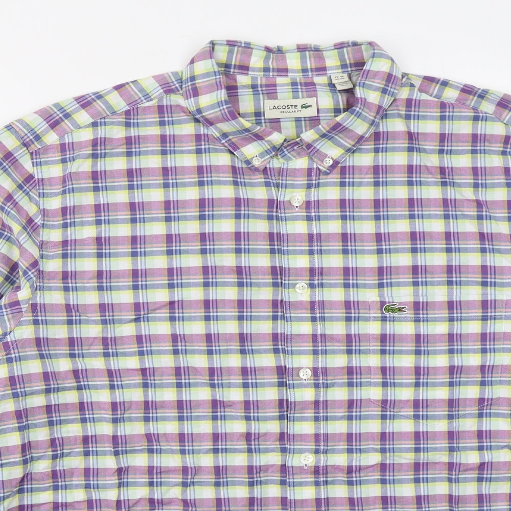 Lacoste Mens Purple Check Cotton  Button-Up Size 2XL Collared Button