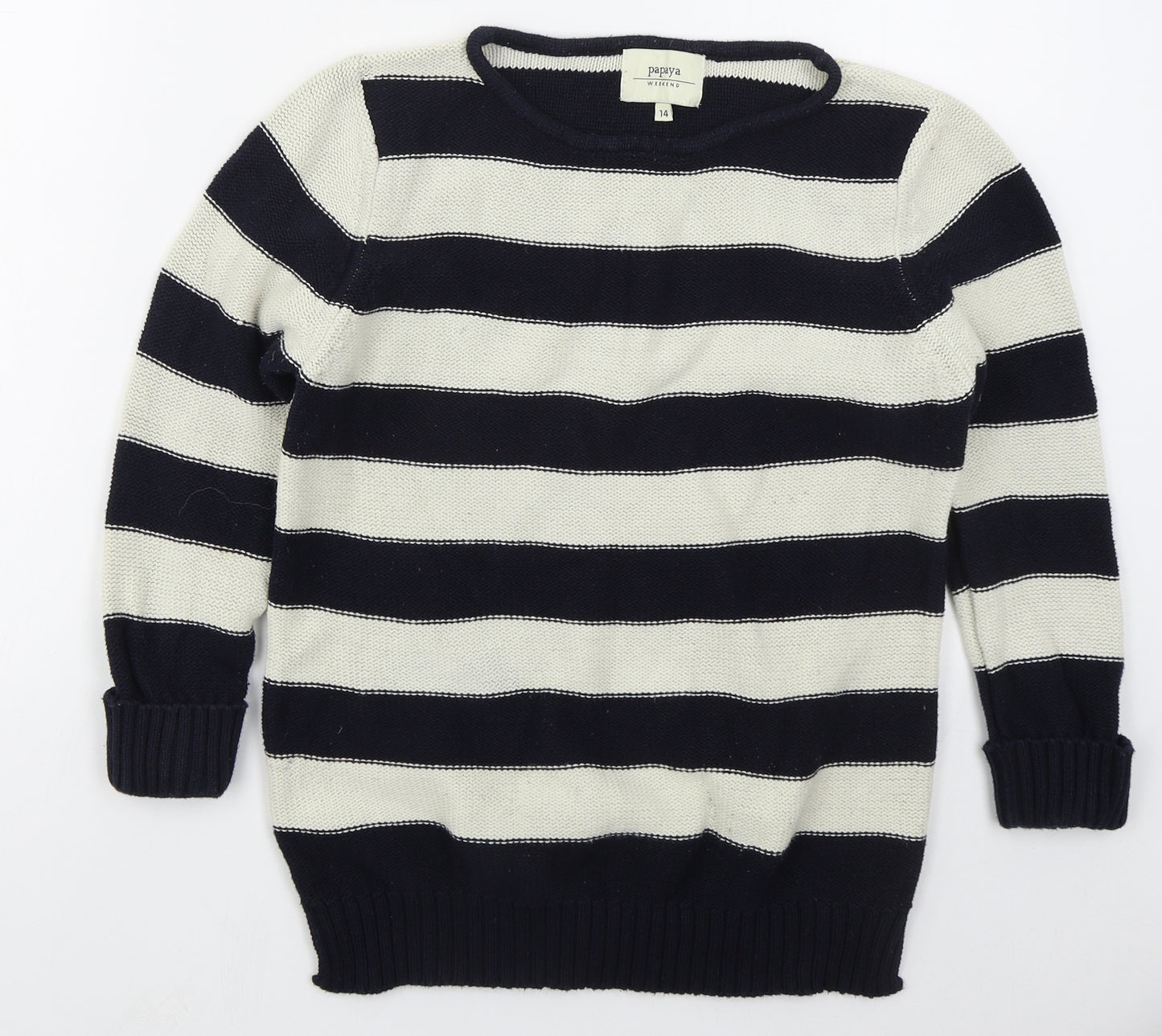 Papaya Womens Blue Crew Neck Striped Cotton Pullover Jumper Size 14