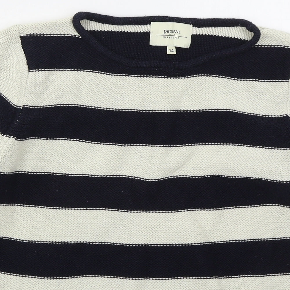 Papaya Womens Blue Crew Neck Striped Cotton Pullover Jumper Size 14
