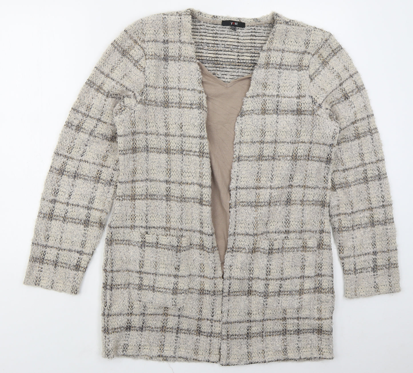 Yest Womens Beige V-Neck Check Acrylic Cardigan Jumper Size 14